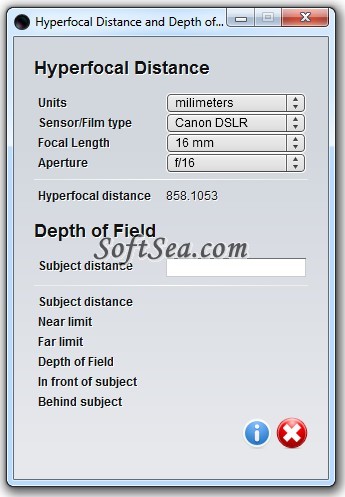 Hyperfocal Distance and DoF Calculator Screenshot