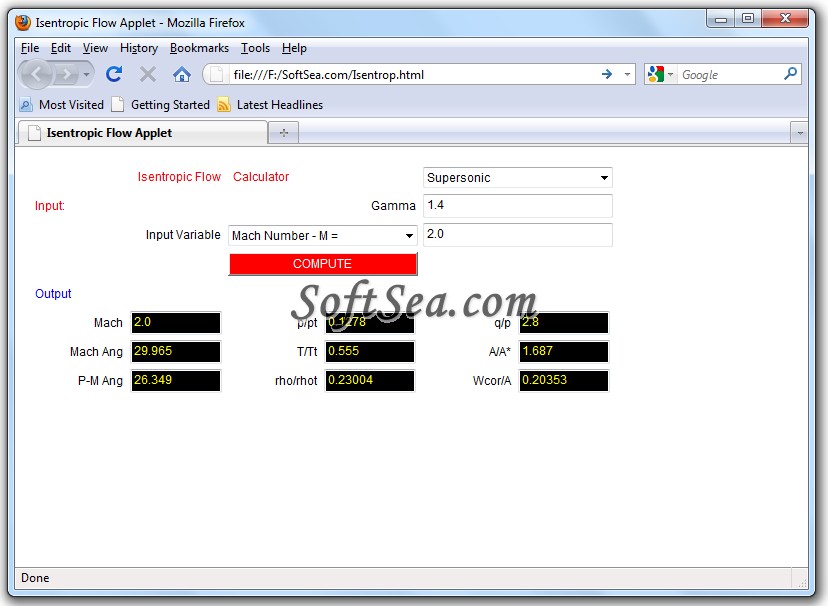 Isentropic Flow Calculator Screenshot