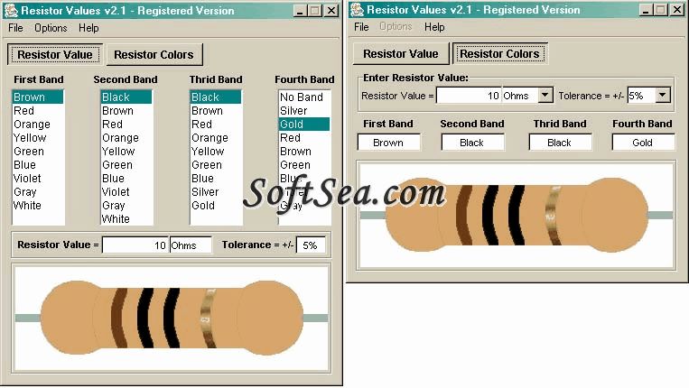 Resistor Values Screenshot