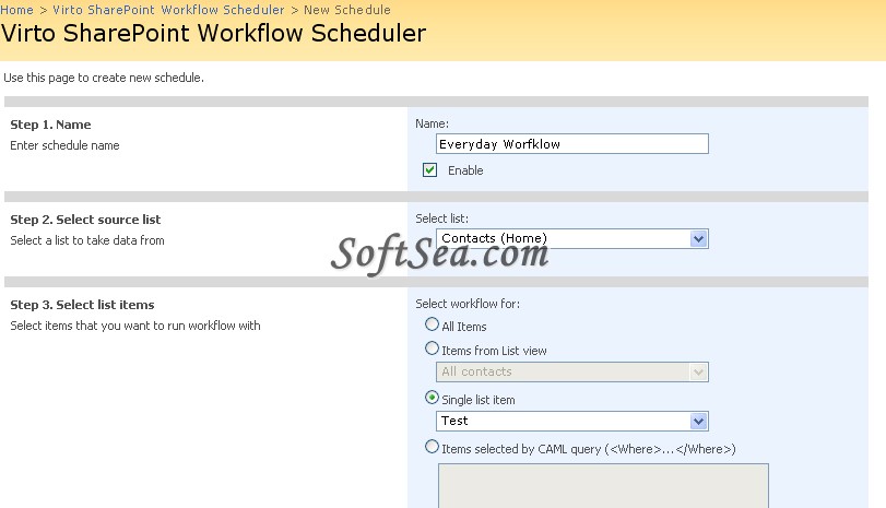 Virto SharePoint Worfklow Scheduler Screenshot