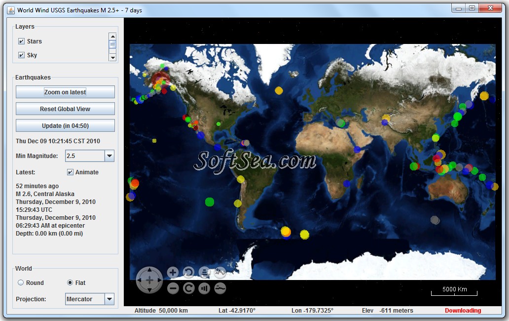 World Wind USGS Earthquakes Screenshot